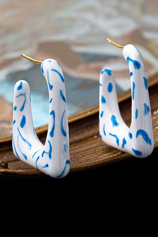 Blue And White Porcelain Square Enamel Earrings