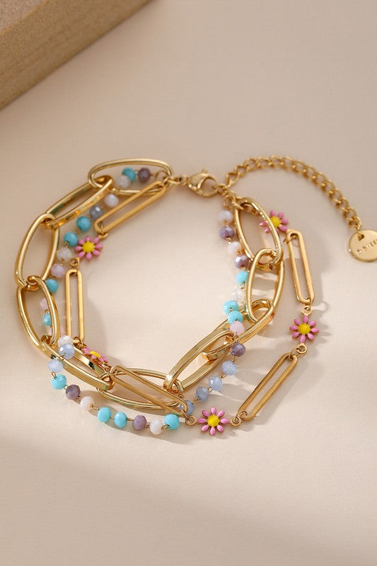 CRYSTAL STONE FLOWER STAINLESS STEEL LINK BRACELET