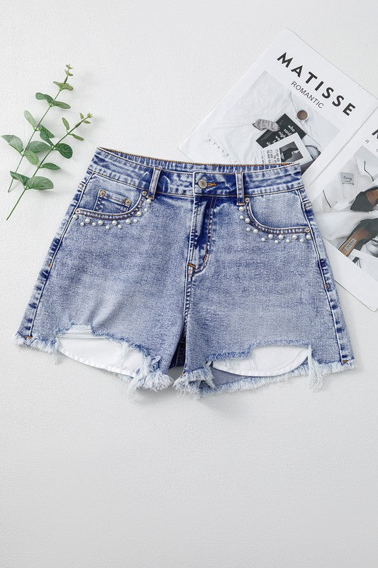 Pearl Studded Pockets Raw Hem Denim Shorts