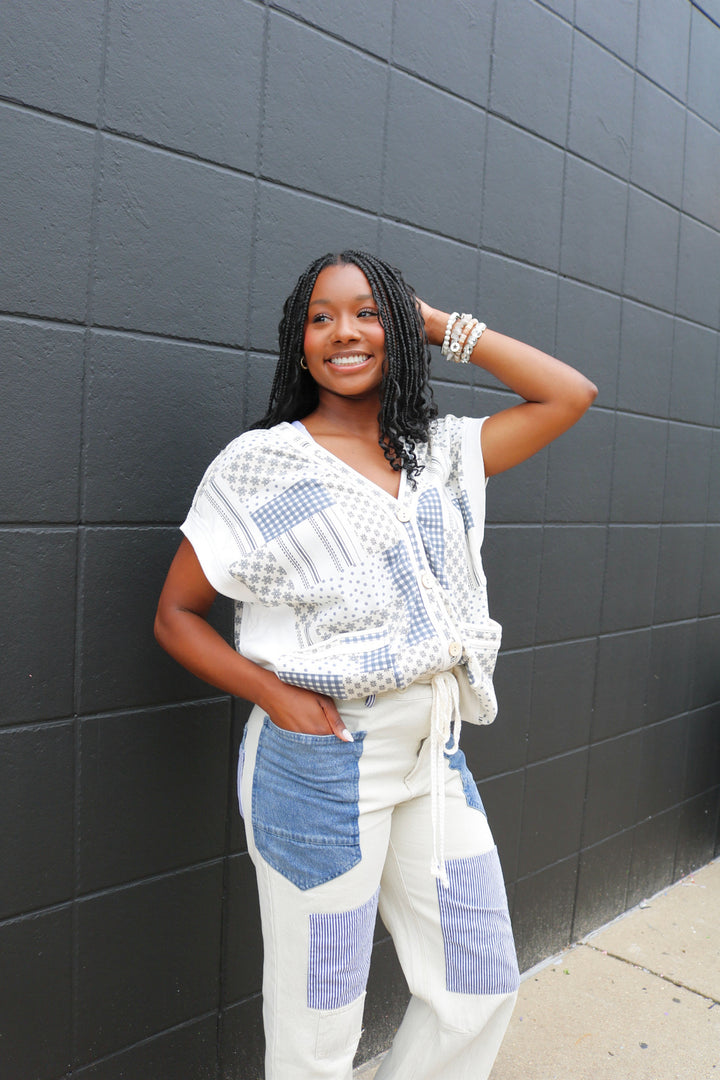 MID RISE PIN STRIPE PATCHWORK TWILL PANTS WITH DENIM POCKETS