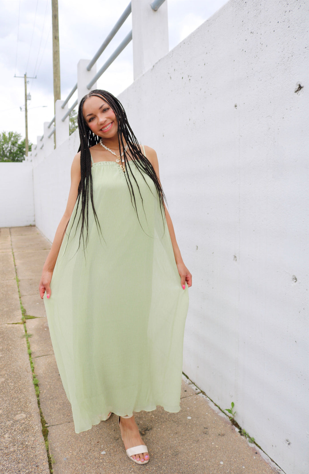 Crinkled Chiffon Midi Dress With Braided Detail