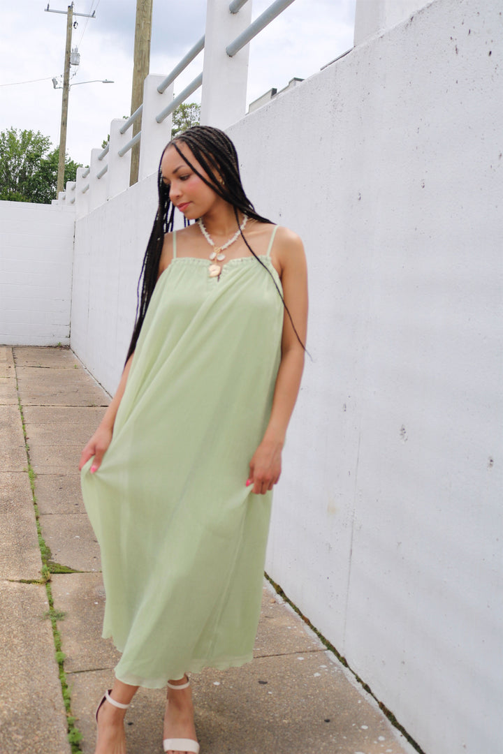Crinkled Chiffon Midi Dress With Braided Detail