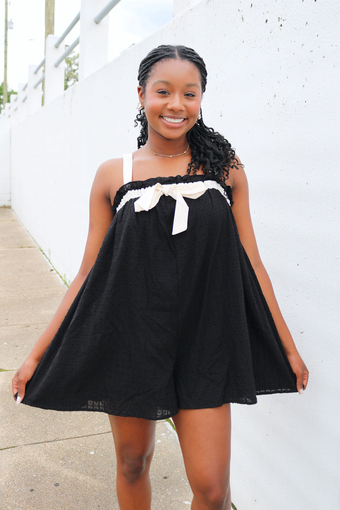 Relaxed Fit Flowy Romper With Front Bow Detail