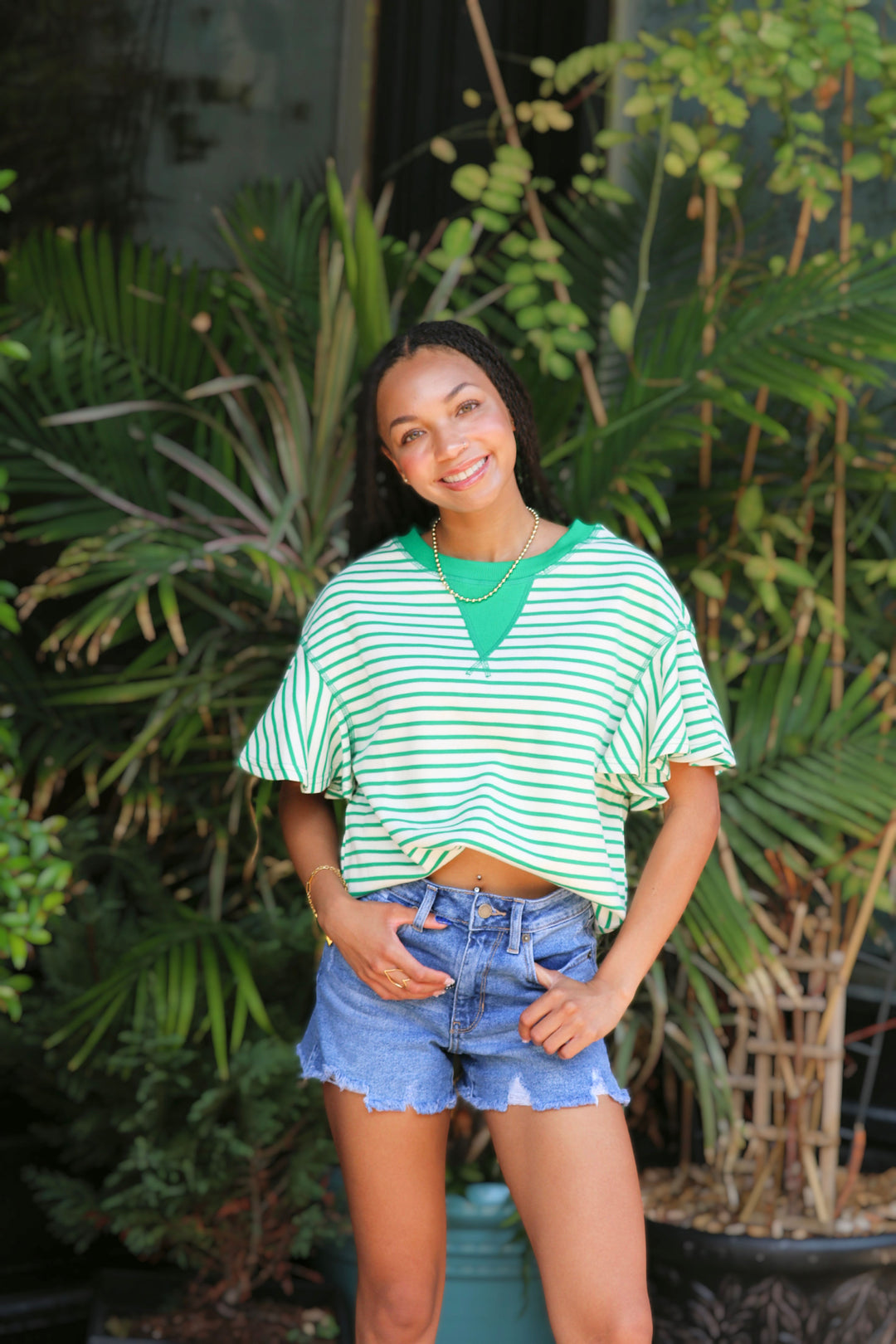 Bright Contrast Detail Striped Ruffle Short Sleeve Top