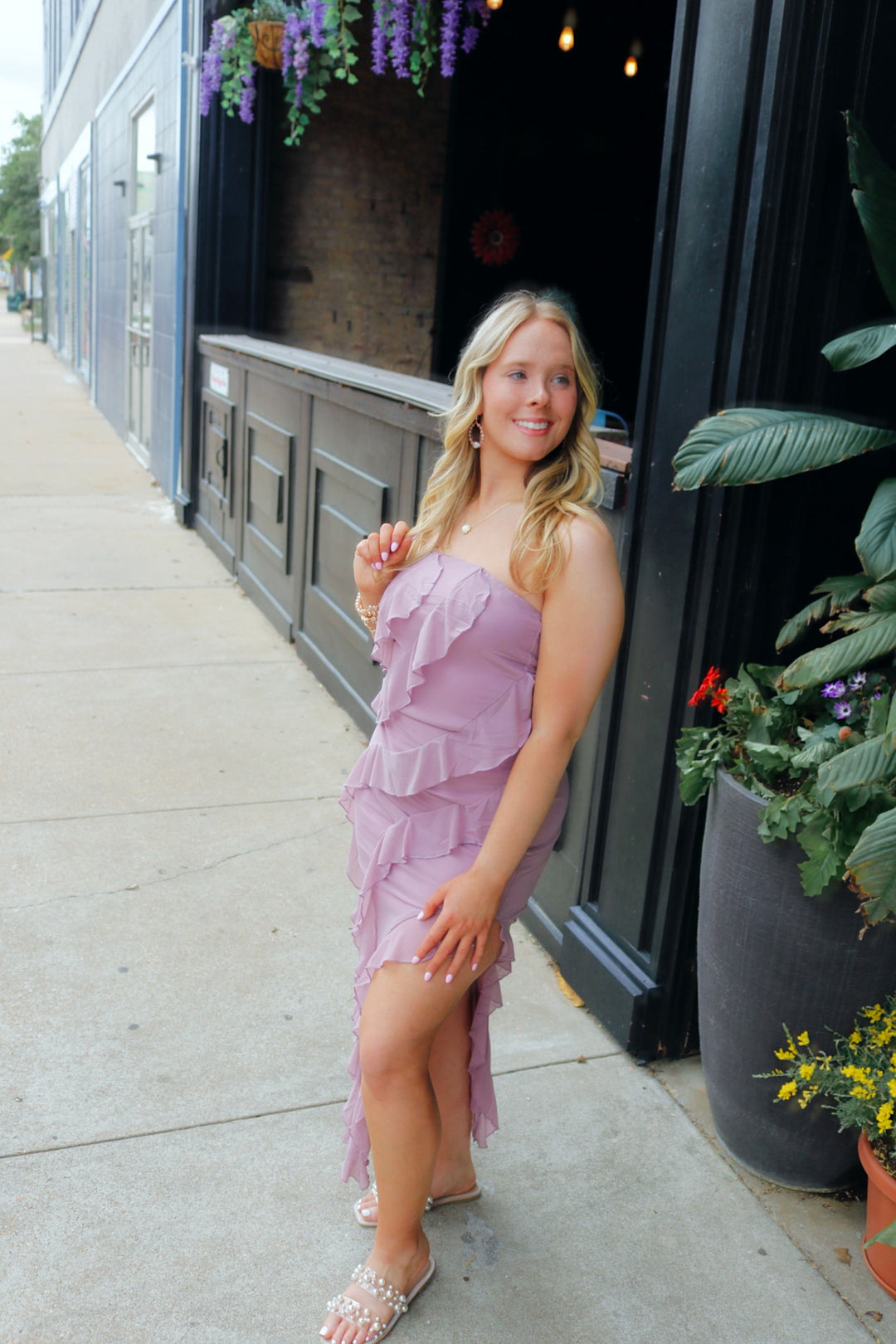 Strapless Knit Midi Dress W/ High Leg Slits & Ruf