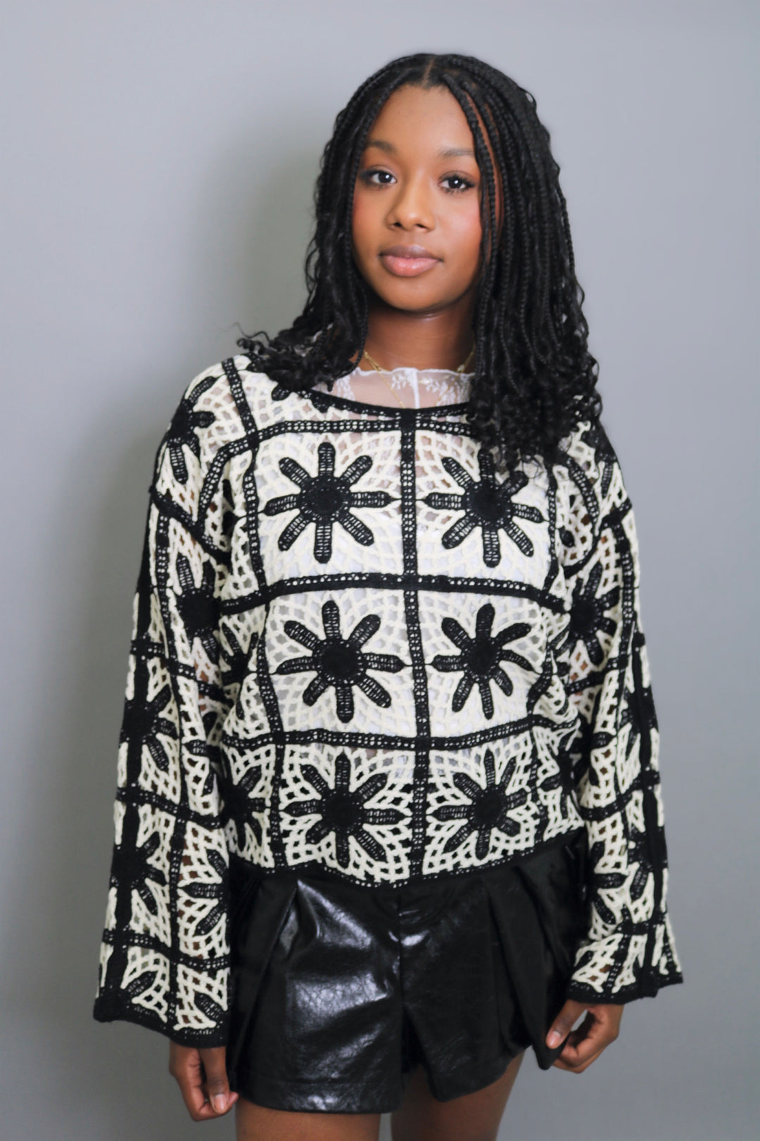 Flower Pattern Crochet Knit Loose Fit Top