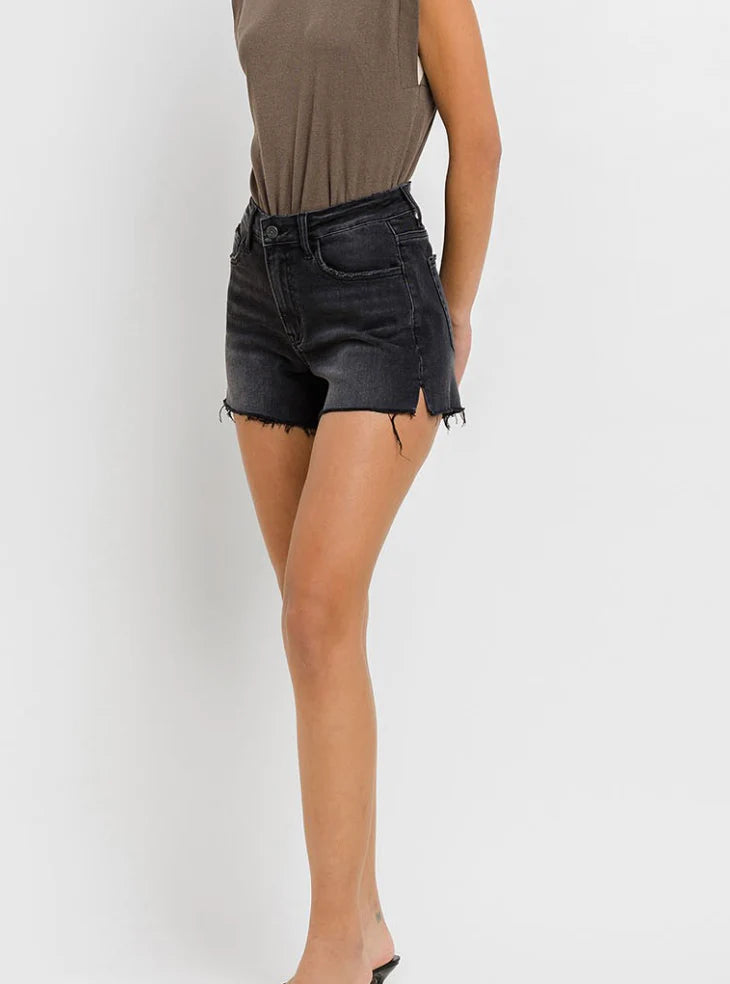 High Rise Side Slit A Line Denim Shorts
